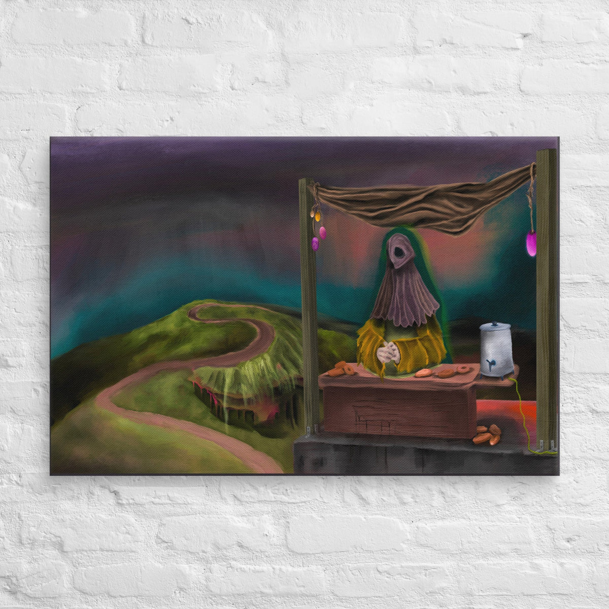 The Void Has Snacks by Fish, stretched canvas print of a draped creature standing behind a wooden counter set with food, a winding path and green hills behind it under a purple and teal sky, hanging on a white brick wall