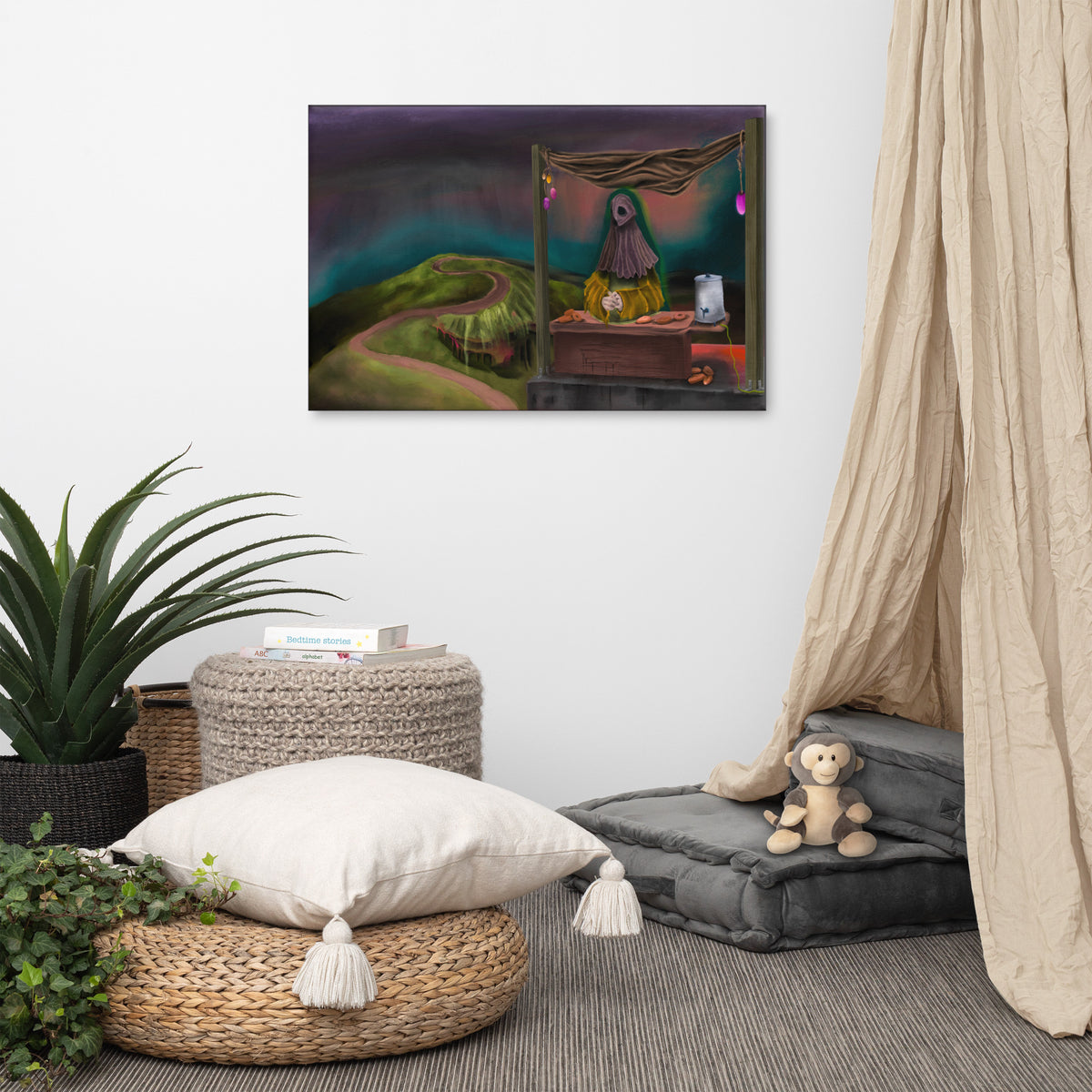 The Void Has Snacks canvas print hanging above a floor cushion, woven basket, and potted plant with a curtain at the edge of the frame