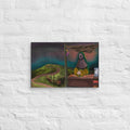 The Void Has Snacks canvas print hanging alone on a white brick wall