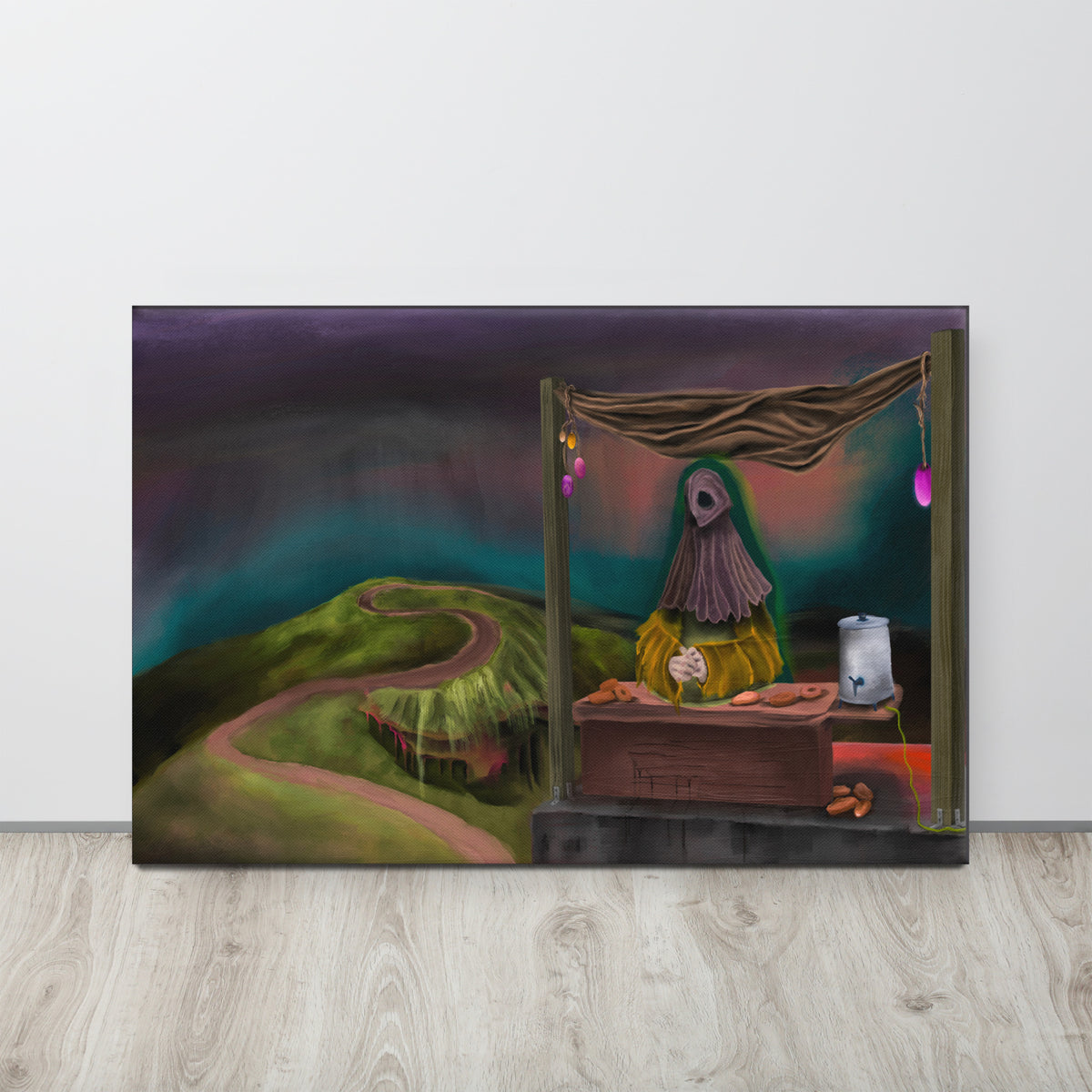 The Void Has Snacks canvas print leaning against a white brick wall on a light wood floor