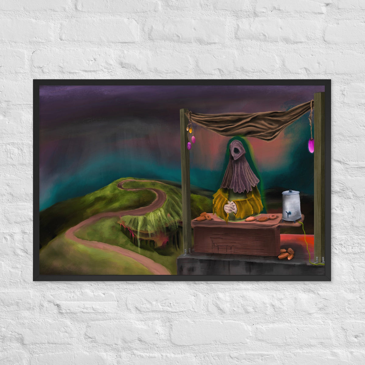 The Void Has Snacks by Fish, framed luster print of a draped creature standing behind a wooden counter set with food, a winding path and green hills behind it under a purple and teal sky, hanging on a white brick wall