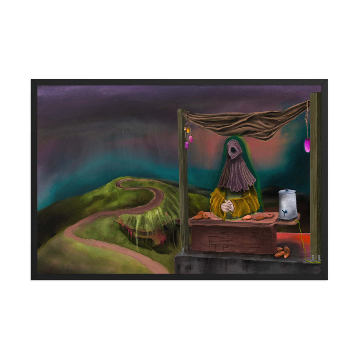 The Void Has Snacks framed luster print in a black frame, shown close up against a plain background