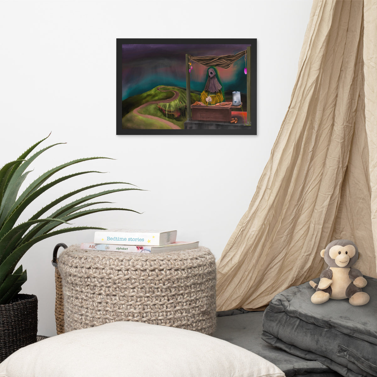 The Void Has Snacks framed luster print hanging above a woven basket and a stuffed bear with a curtain alongside