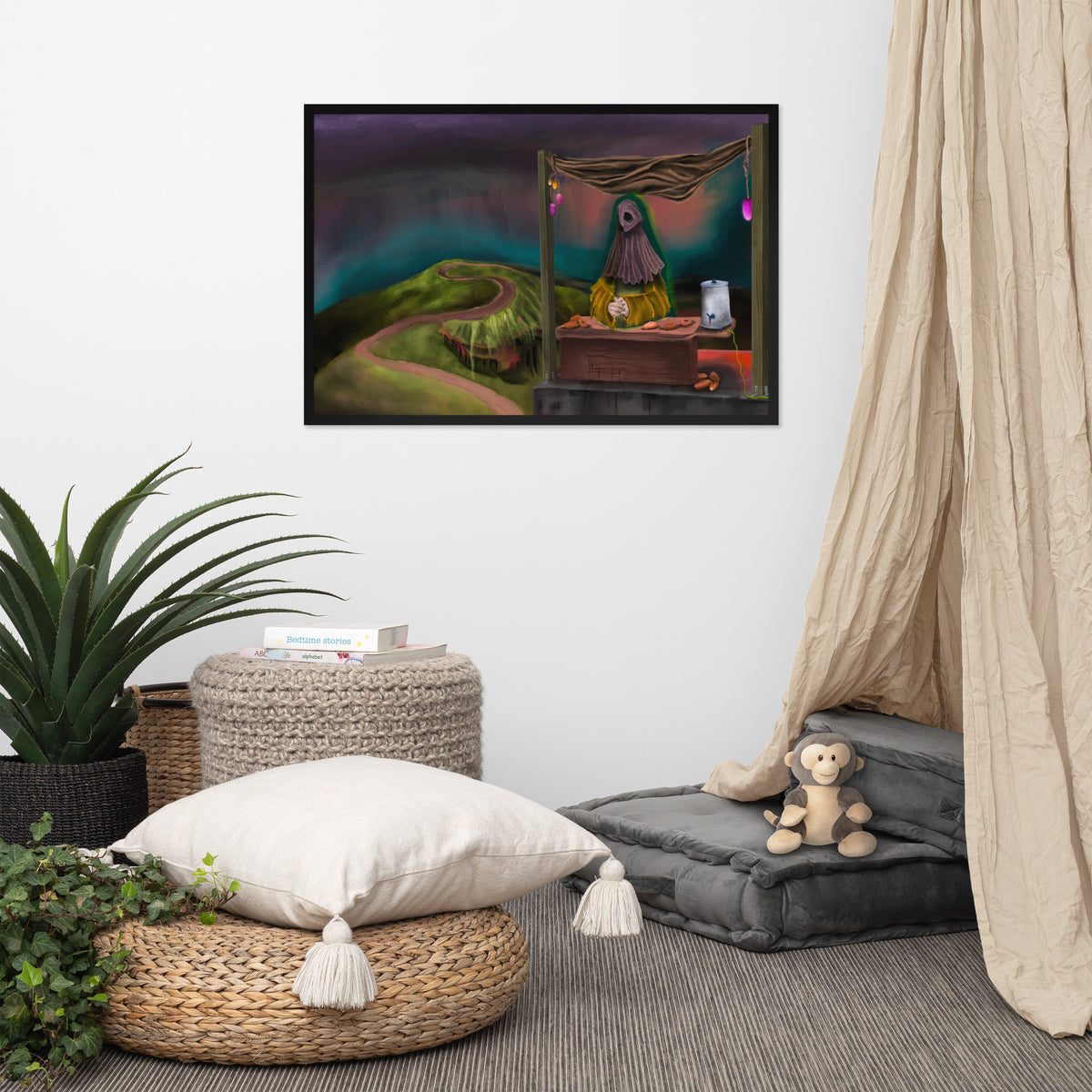 The Void Has Snacks framed luster print hanging above a floor cushion and tray with a curtain and potted plant alongside