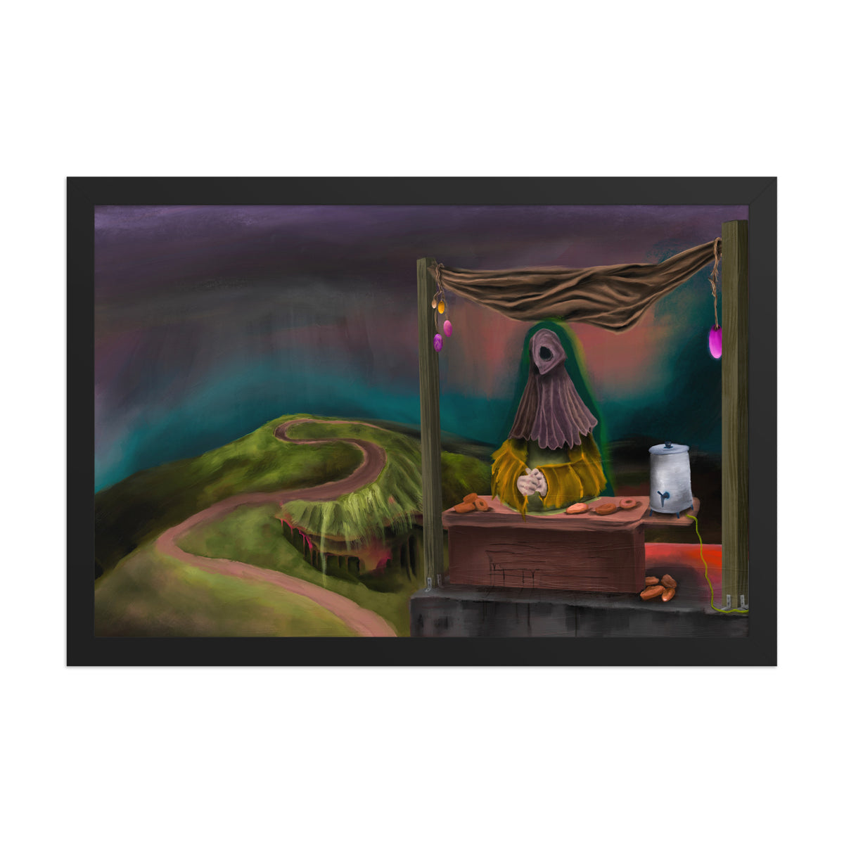 The Void Has Snacks framed luster print in a black frame, shown straight on against a plain background