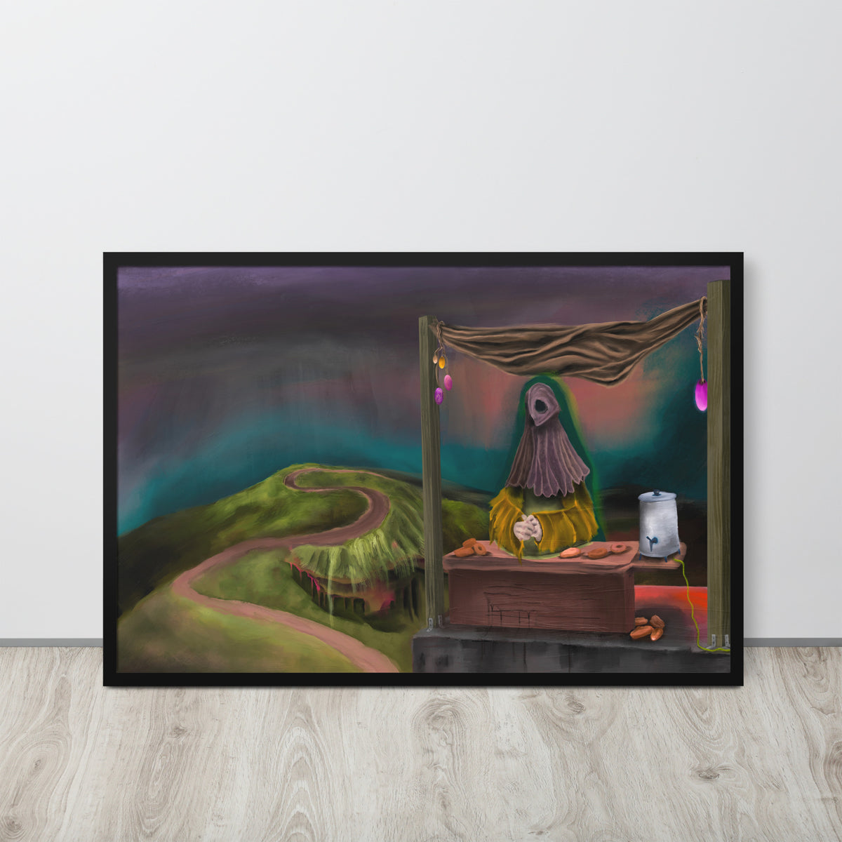 The Void Has Snacks framed luster print in a black frame, angled slightly to show the frame depth
