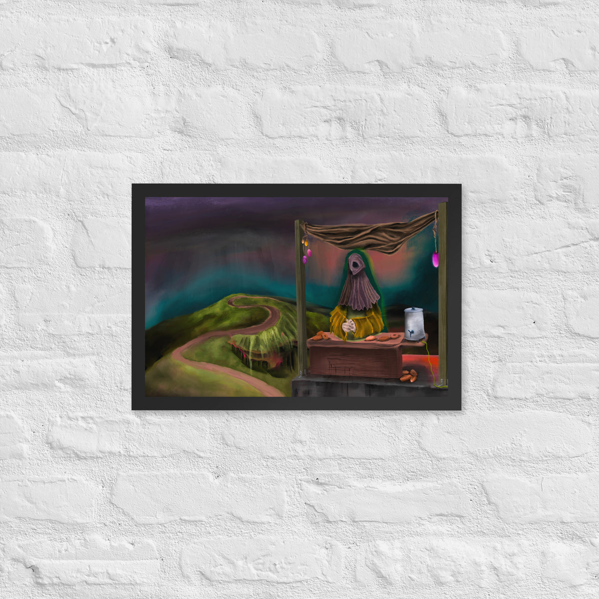 The Void Has Snacks framed luster print hanging alone on a white brick wall