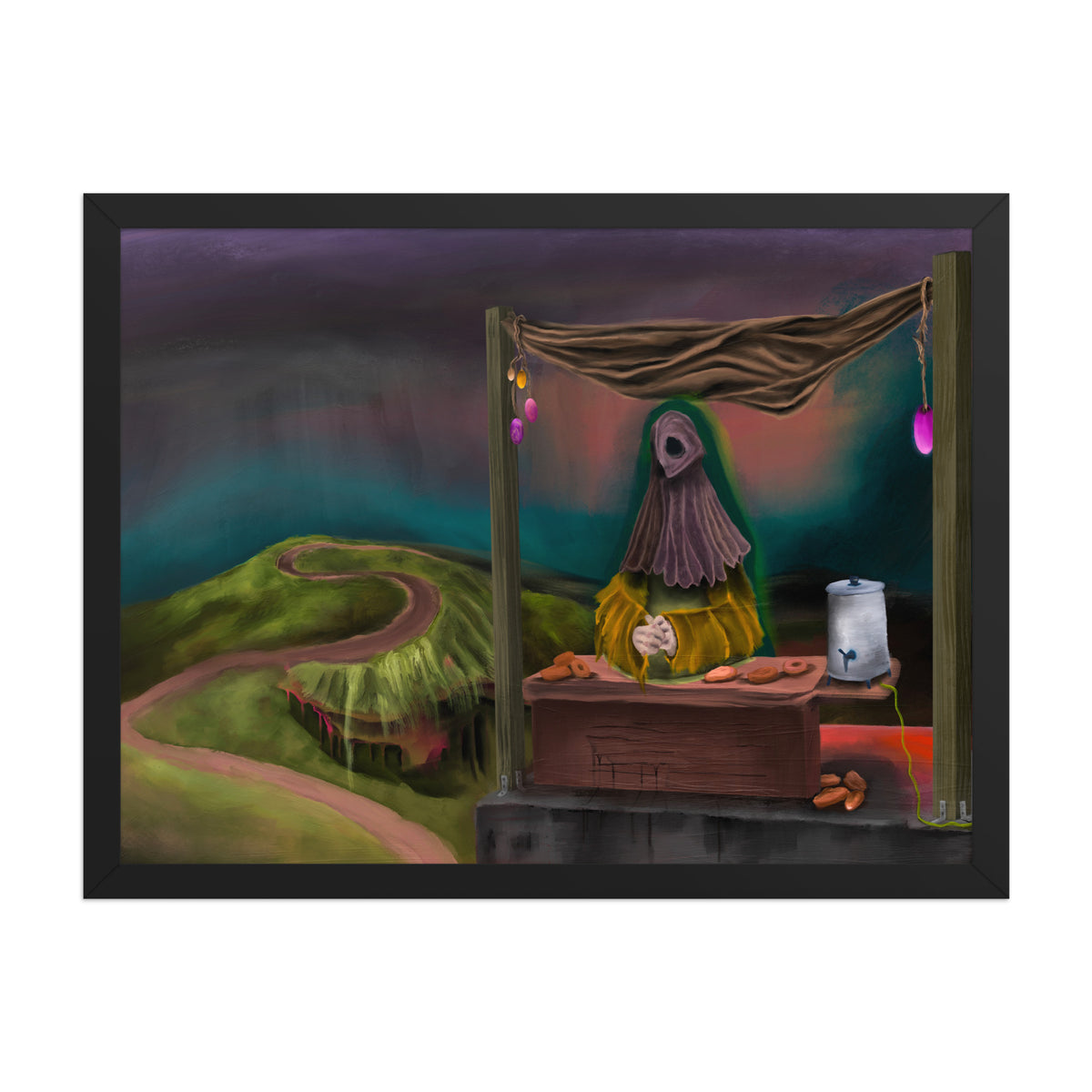 The Void Has Snacks framed luster print in a black frame against a plain background