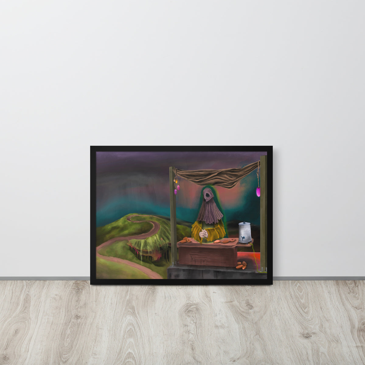 The Void Has Snacks framed luster print hanging on a white wall above a light wood floor