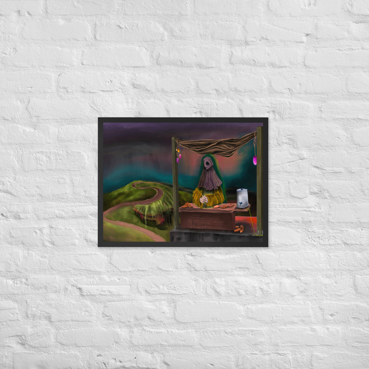 The Void Has Snacks framed luster print hanging on a white brick wall, shown wider to give a sense of scale