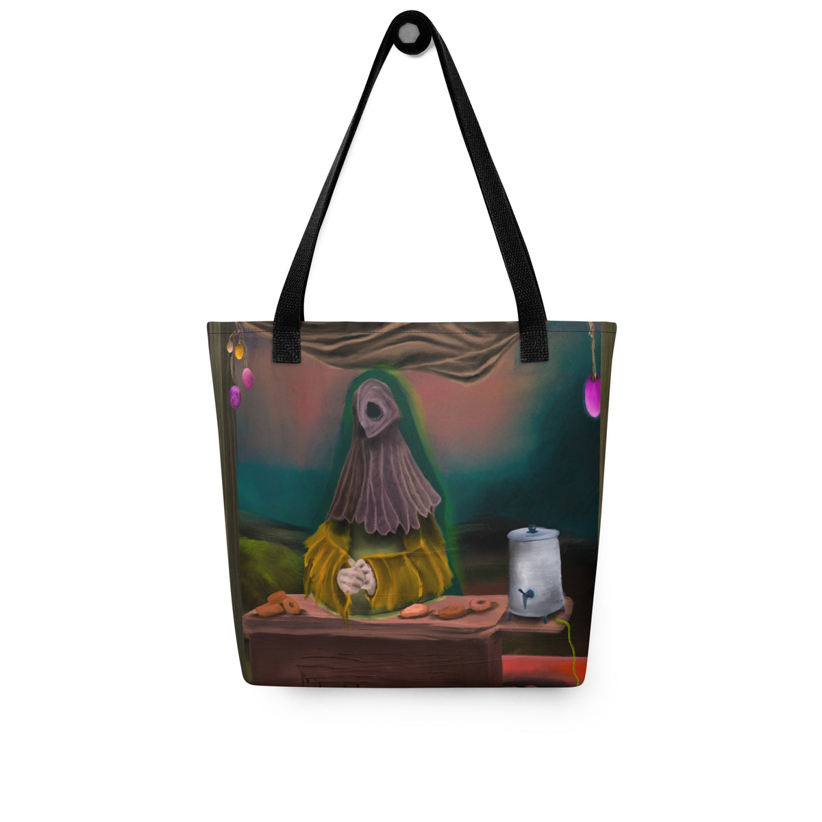 White tote bag laid flat, showing the full front graphic of the surreal landscape and black shoulder straps.