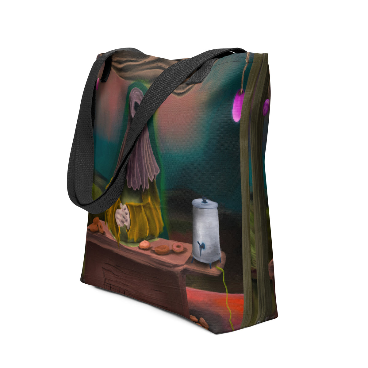 White polyester tote bag featuring an all-over surreal digital painting landscape print with a robed figure, snack table, and dark atmospheric background.