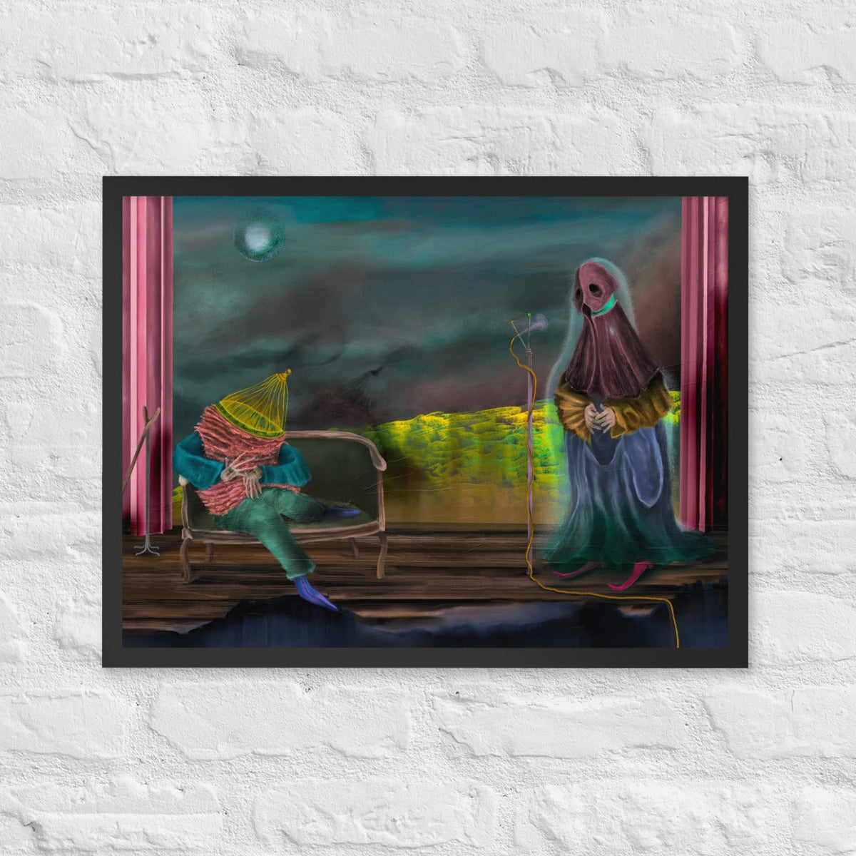 The Void Keeper Tours by Fish, framed luster print of a tall hooded creature and a smaller figure seated at a table between pink curtains under a night sky with a moon, hanging on a white brick wall