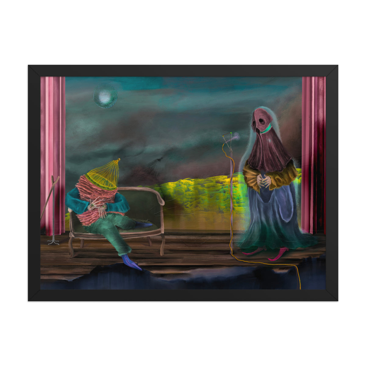 The Void Keeper Tours framed luster print hanging above a woven basket and a stuffed bear with a curtain alongside
