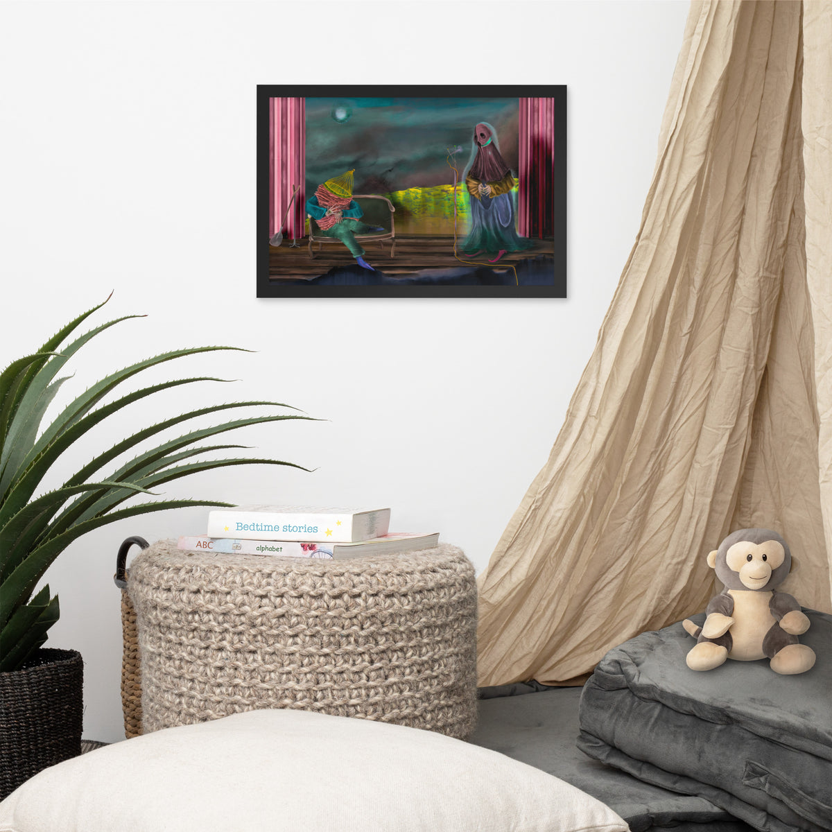 The Void Keeper Tours framed luster print hanging above a woven basket and a stuffed bear with a curtain alongside