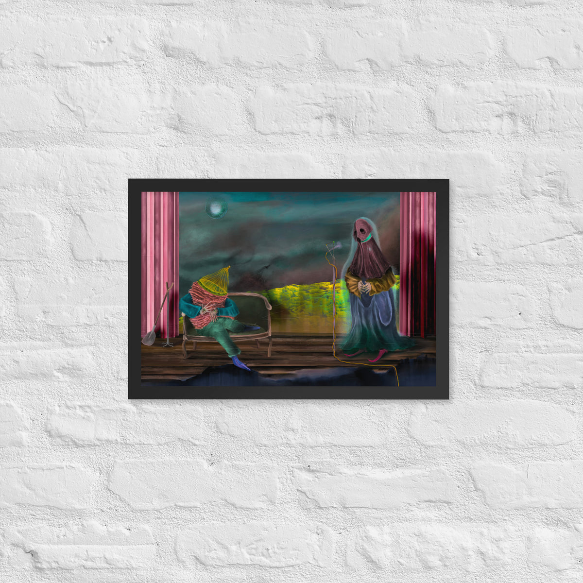 The Void Keeper Tours framed luster print hanging alone on a white brick wall