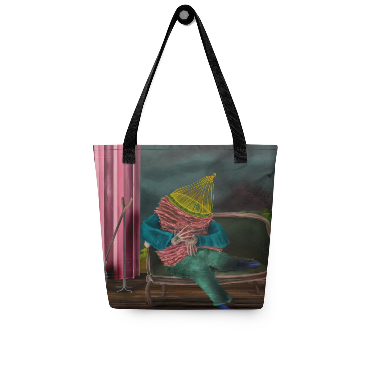 White tote bag laid flat, showing the full front graphic of the surreal tour scene and black shoulder straps