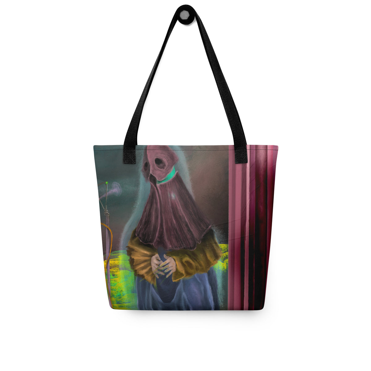 White tote bag laid flat, showing the full front graphic of the robed figure and black shoulder straps.