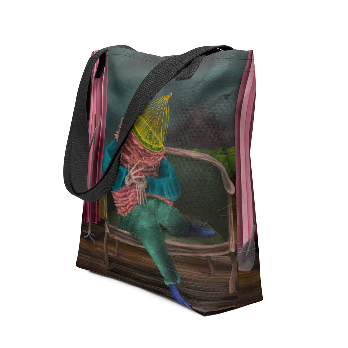 White polyester tote bag featuring an all-over surreal digital painting print of a robed keeper figure in a whimsical landscape against a dark background.