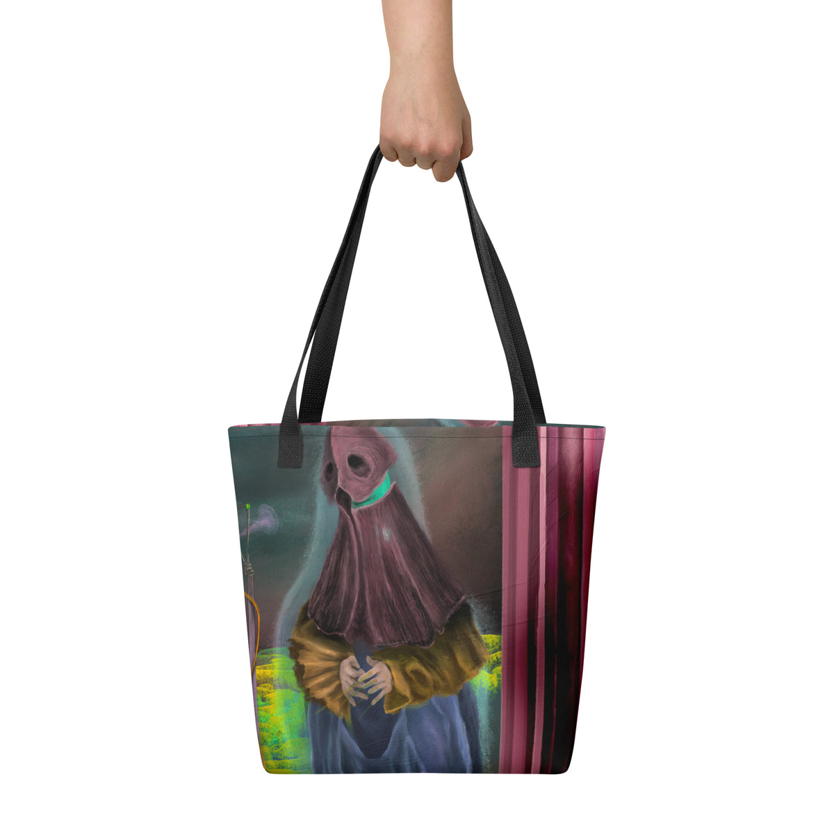 White tote bag held up by a hand against a neutral background, displaying the scale and vertical placement of the front graphic.