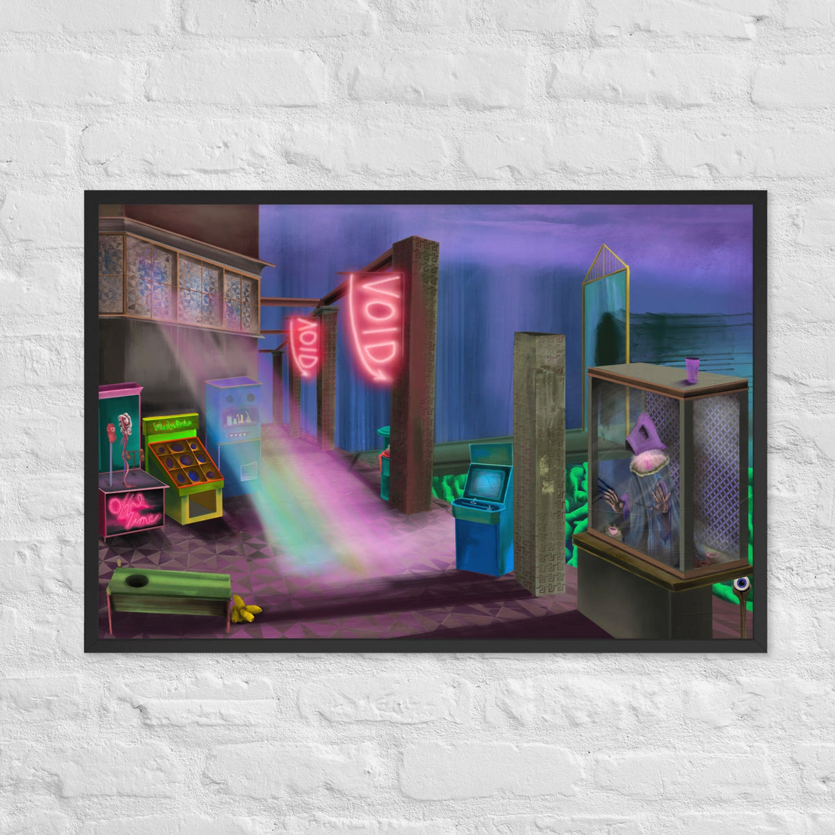 he Void Keeper’s Arcade by Fish, framed luster print of a purple arcade interior with a neon VOID sign, glowing cabinets, and a figure seated in a booth, hanging on a white brick wall