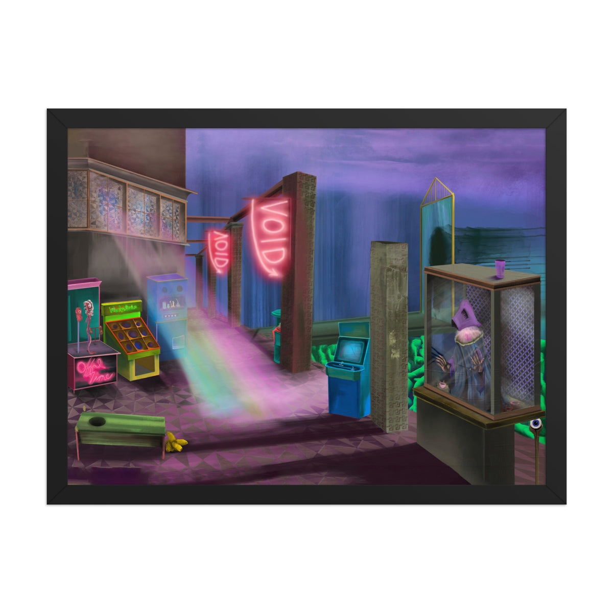 The Void Keeper’s Arcade framed luster print in a black frame, shown straight on against a plain background