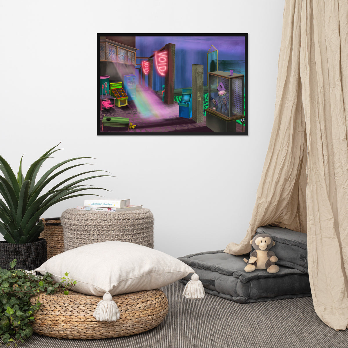 The Void Keeper’s Arcade framed luster print hanging above a floor cushion, woven basket, and potted plant with a curtain at the edge of the frame