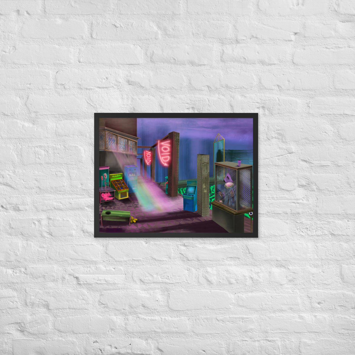 The Void Keeper’s Arcade framed luster print hanging alone on a white brick wall