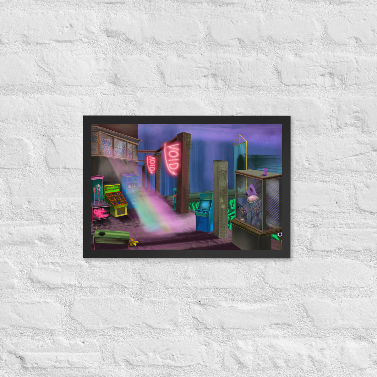 The Void Keeper’s Arcade framed luster print hanging on a white brick wall, shown wider to give a sense of scale