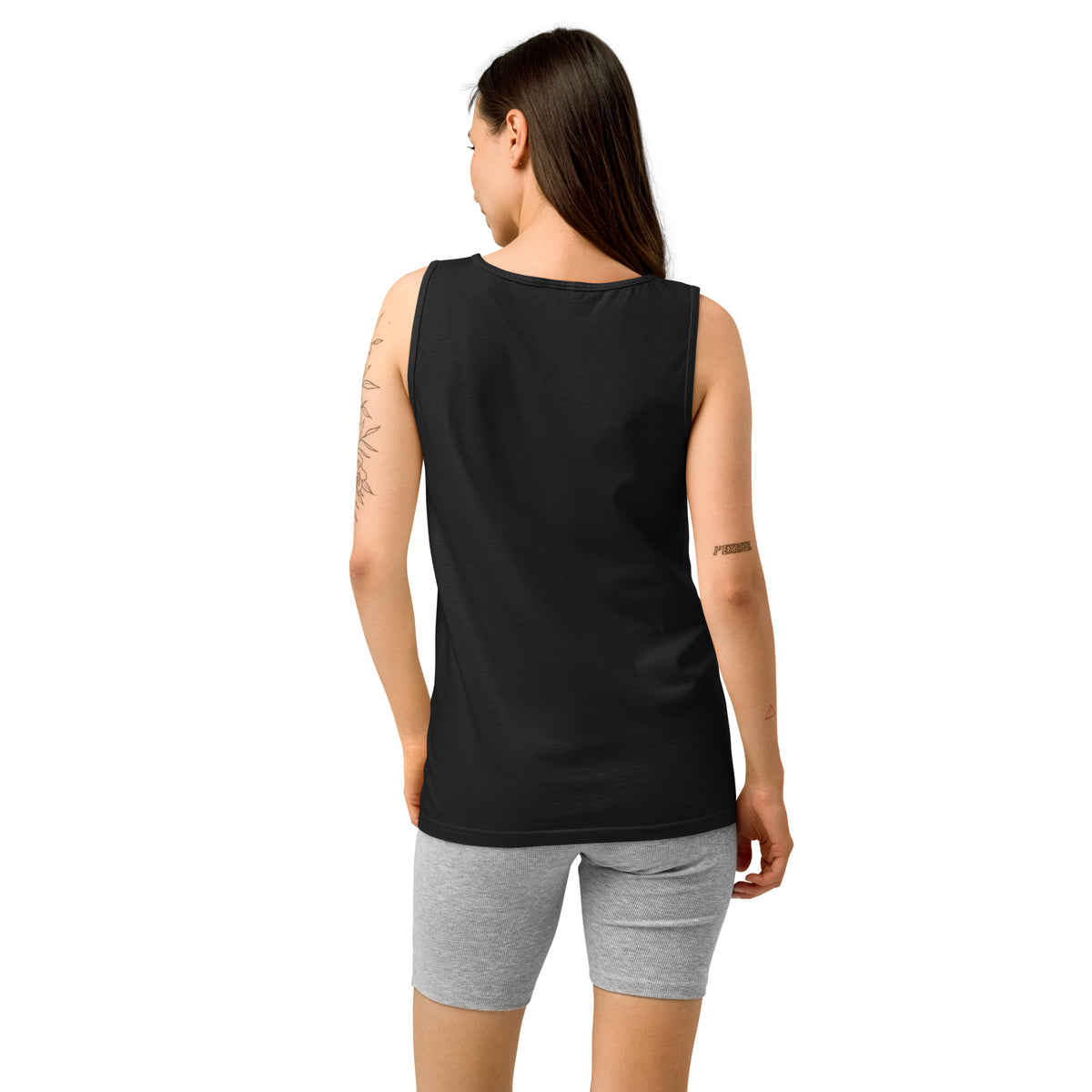We Built This Business On Adderall tank top in black worn by a model, back view showing the plain back and relaxed fit