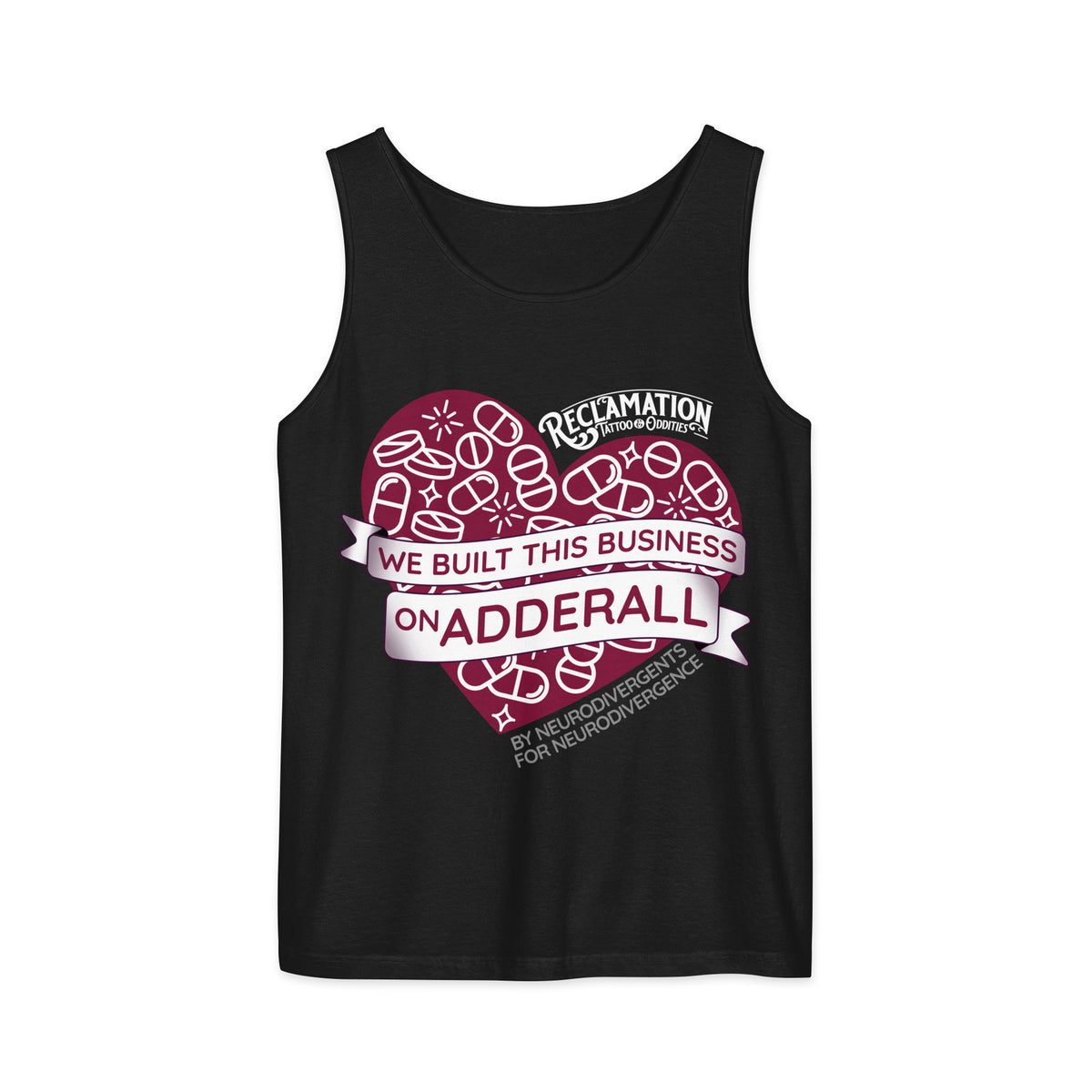 We Built This Business On Adderall tank top in black, close front view of the pill-filled heart and the line by neurodivergents for neurodivergents