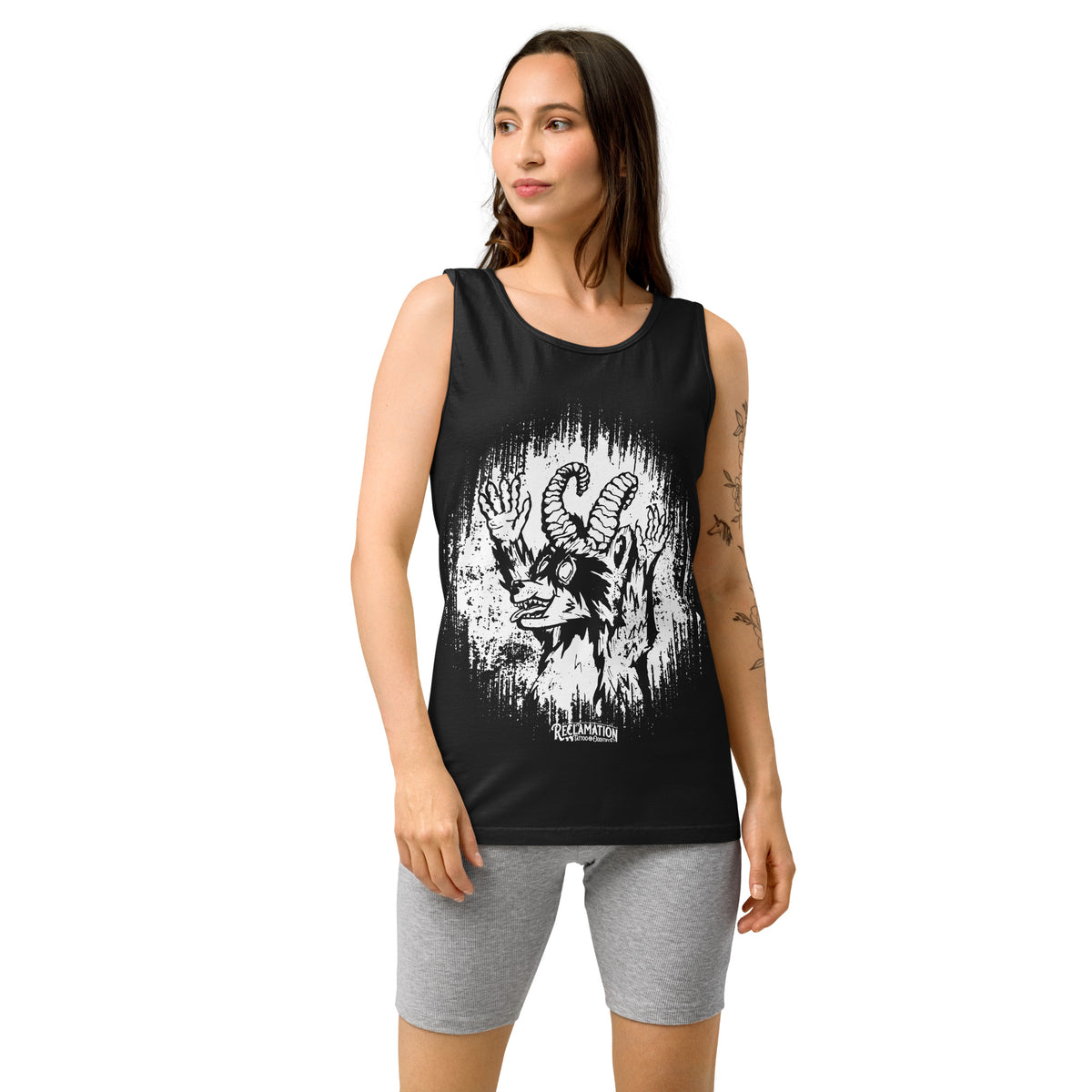Cornelius Baphomet tank top in black, close front view of Cornelius the horned raccoon drawn in white line work