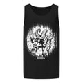 Cornelius Baphomet tank top in black, front view laid flat, with Cornelius the horned raccoon in white line work across the chest and the Reclamation Tattoo & Oddities mark beneath