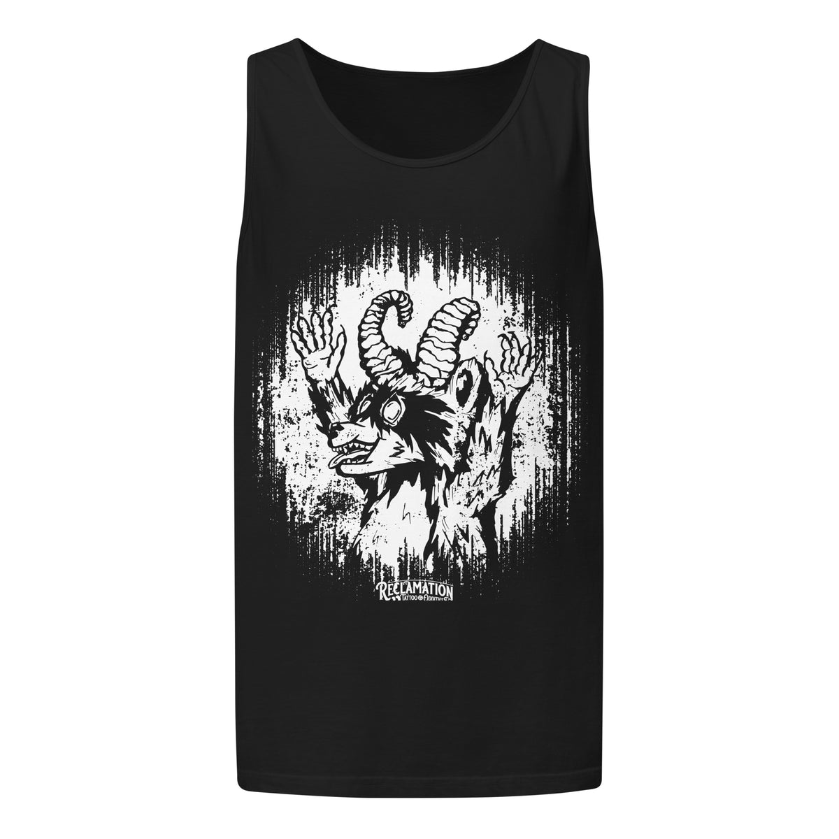 Cornelius Baphomet tank top in black, front view laid flat, with Cornelius the horned raccoon in white line work across the chest and the Reclamation Tattoo & Oddities mark beneath