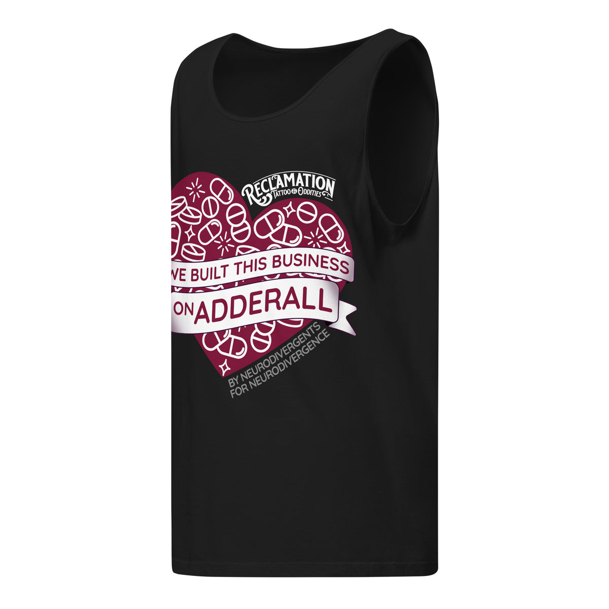We Built This Business On Adderall tank top in black, angled front view showing the armhole and the pill-filled heart print