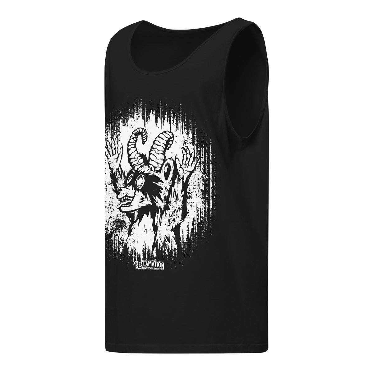 Cornelius Baphomet tank top in black, angled front view showing the armhole and the horned raccoon print