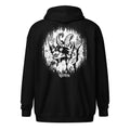 Cornelius Baphomet zip hoodie in black, back view laid flat, with Cornelius the horned raccoon printed large in white line work inside a ragged halo and the Reclamation Tattoo & Oddities banner beneath