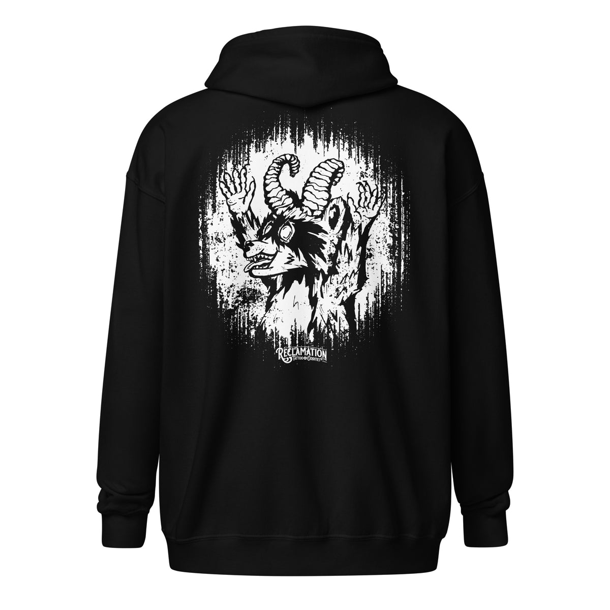 Cornelius Baphomet zip hoodie in black, back view laid flat, with Cornelius the horned raccoon printed large in white line work inside a ragged halo and the Reclamation Tattoo & Oddities banner beneath