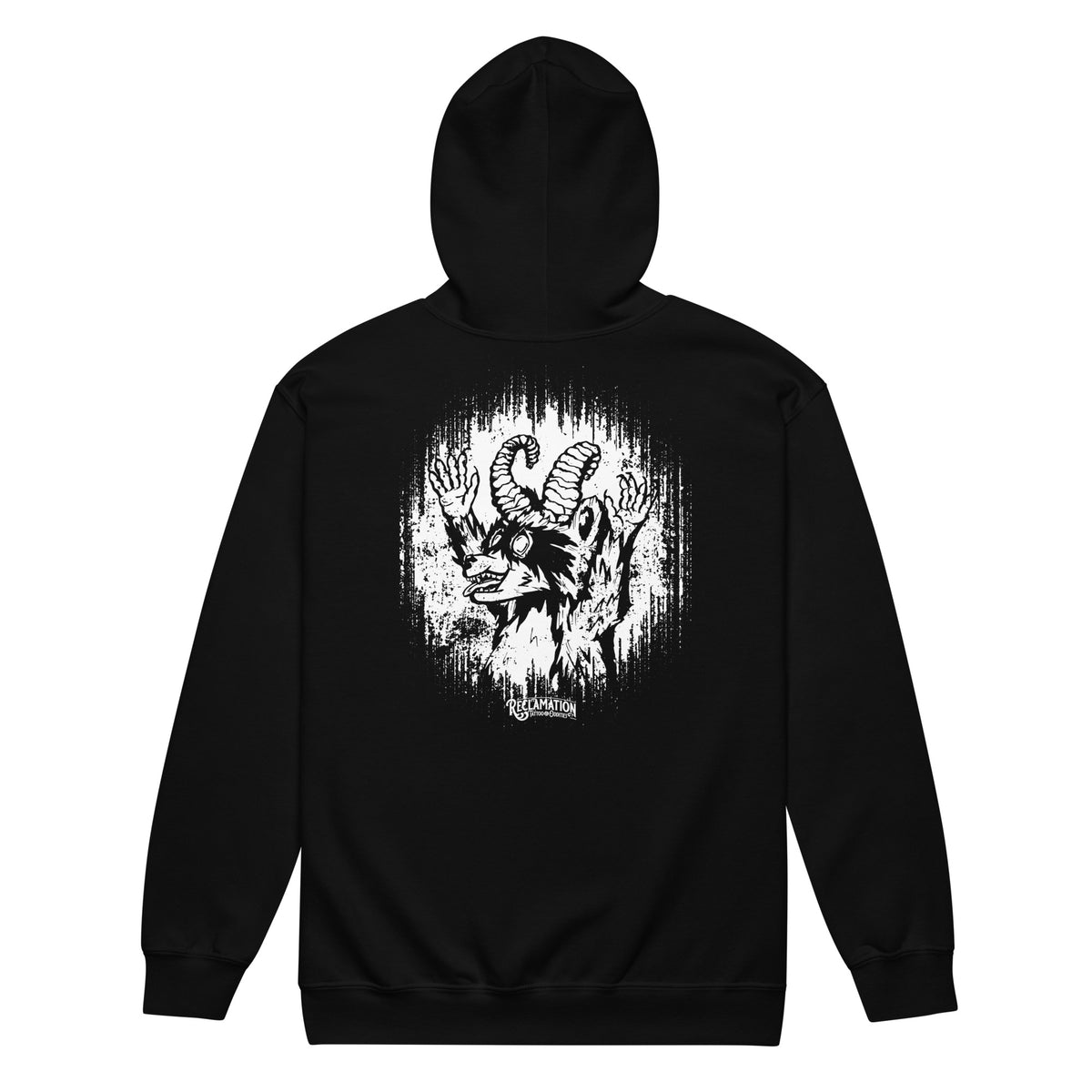 Cornelius Baphomet zip hoodie in black, back view with the hood up, showing Cornelius the horned raccoon printed large across the back