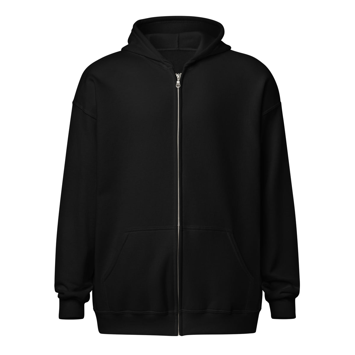 Cornelius Baphomet zip hoodie in black, front view laid flat, showing the plain front, metal zipper and front pouch pockets
