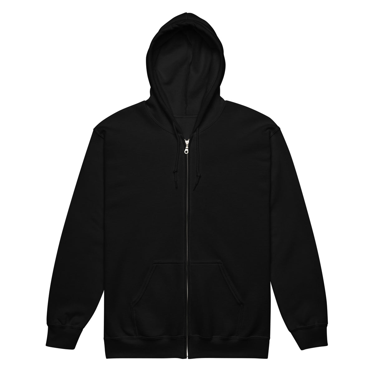 Cornelius Baphomet zip hoodie in black, front view with the hood up, showing the plain front and the zipper