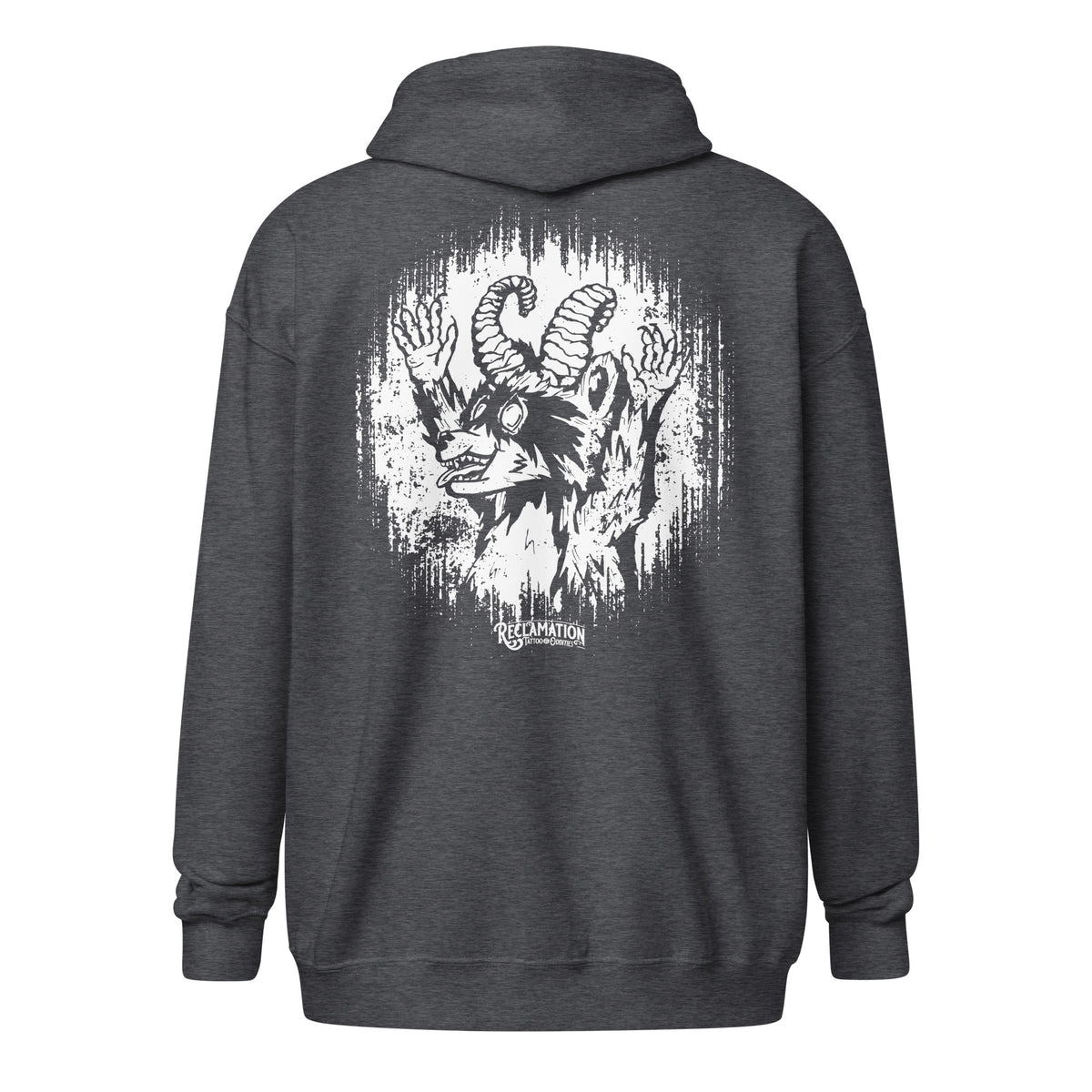 Cornelius Baphomet zip hoodie in dark heather grey, back view laid flat, with Cornelius the horned raccoon printed large in white line work inside a ragged halo