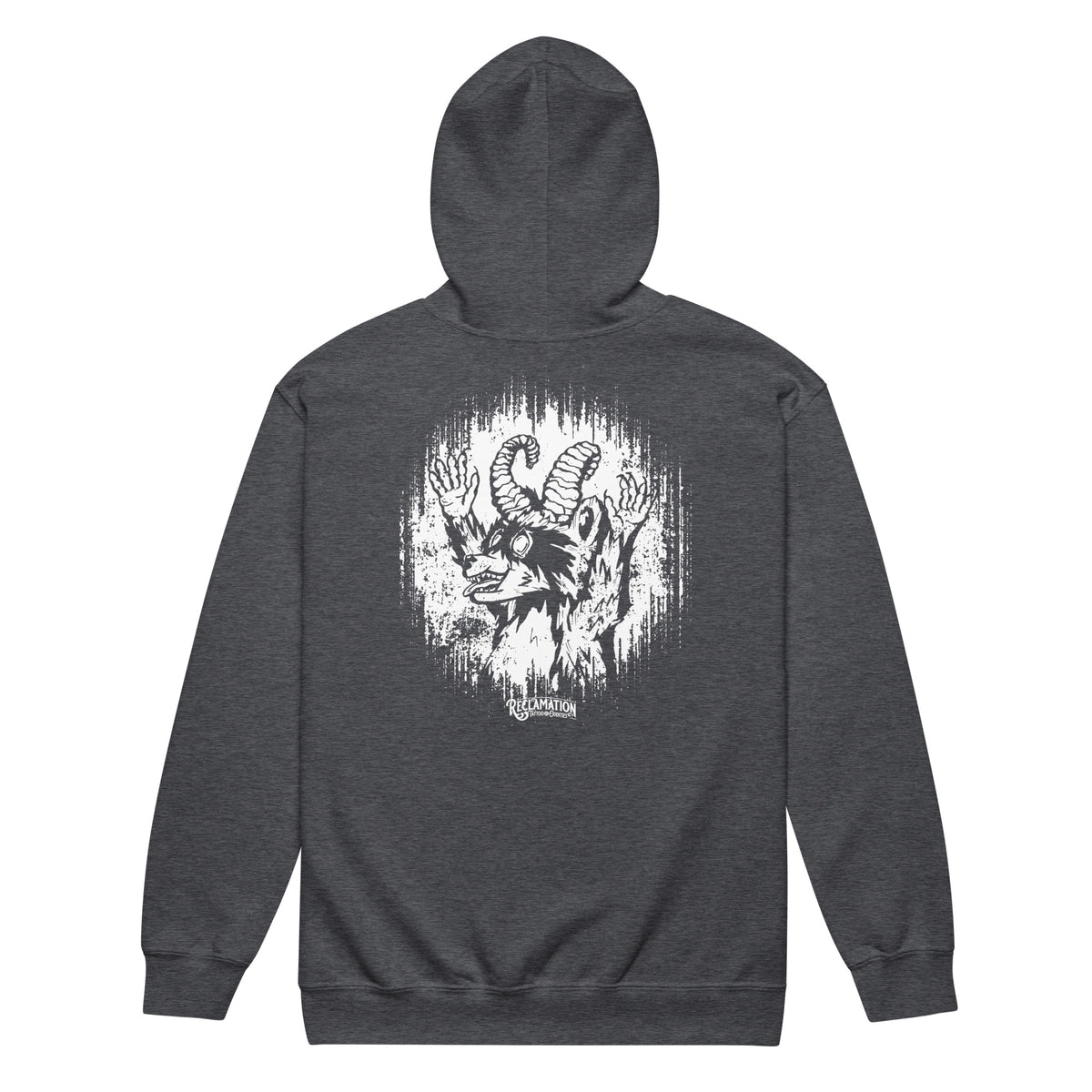 Cornelius Baphomet zip hoodie in dark heather grey, back view with the hood up, showing Cornelius the horned raccoon printed large across the back