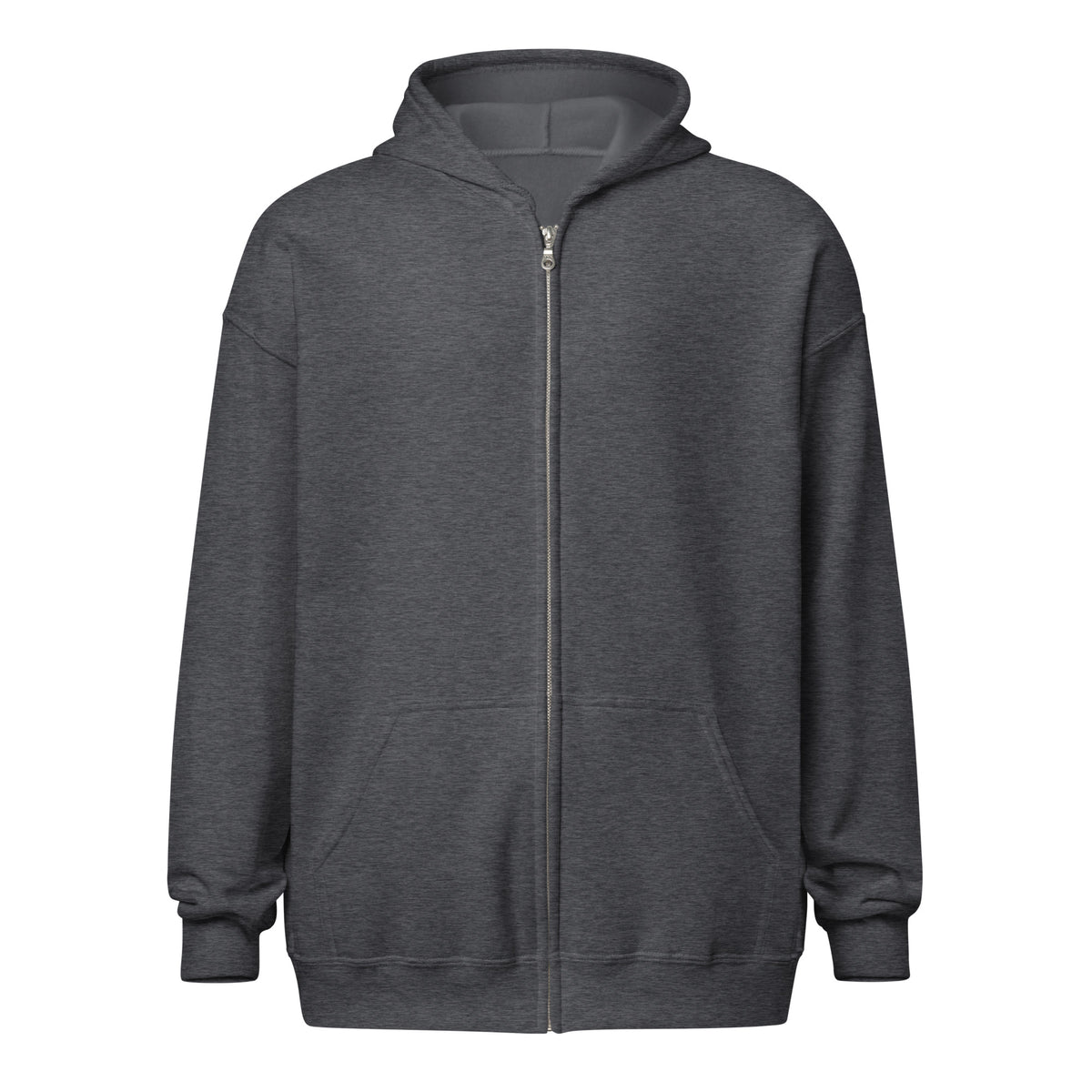 Cornelius Baphomet zip hoodie in dark heather grey, front view laid flat, showing the plain front, metal zipper and front pouch pockets