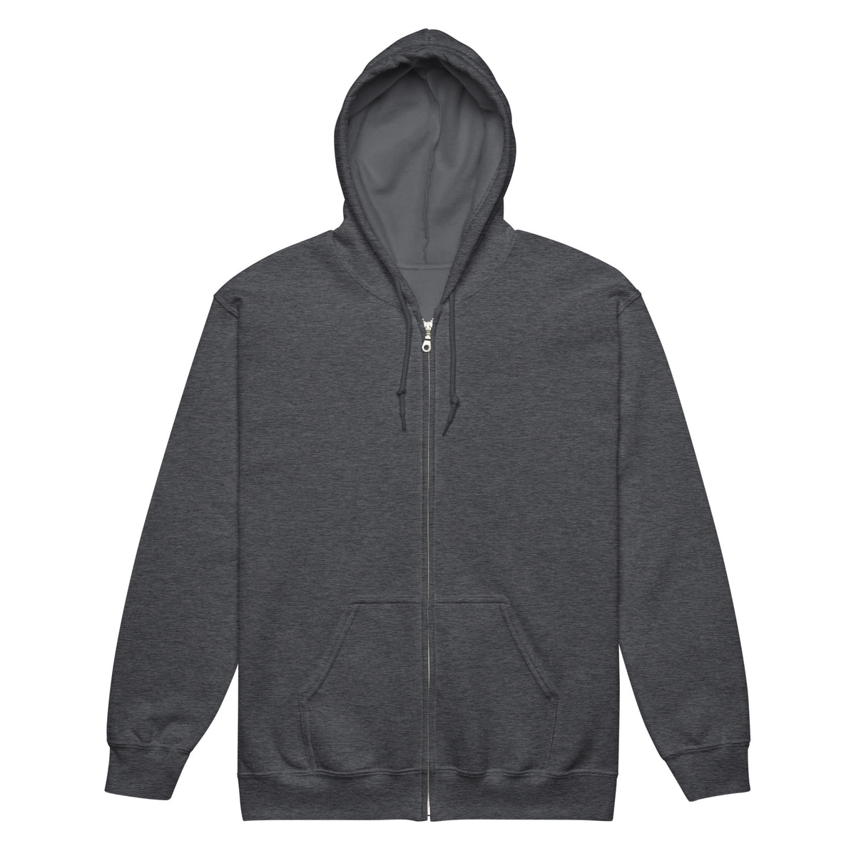 Cornelius Baphomet zip hoodie in dark heather grey, front view with the hood up, showing the plain front and the pouch pockets
