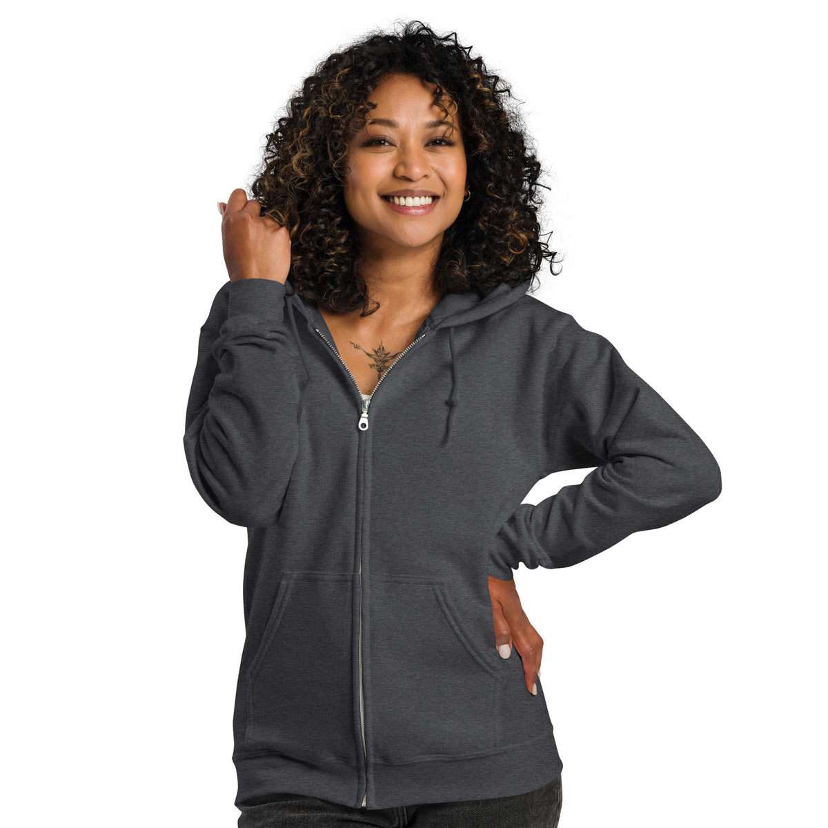 Model wearing the Cornelius Baphomet zip hoodie in dark heather grey, front view, showing the plain front and the zipper