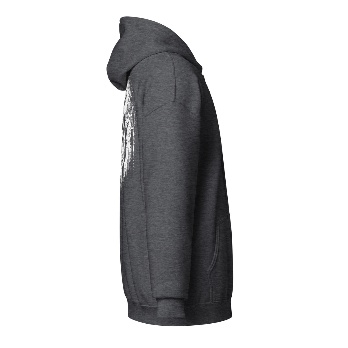 Cornelius Baphomet zip hoodie in dark heather grey, right side view, with the edge of the back print showing past the sleeve