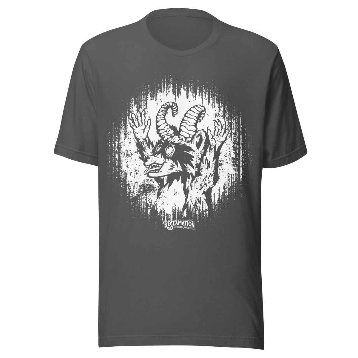 Cornelius Baphomet t-shirt in asphalt grey, front view laid flat, with Cornelius the horned raccoon in white line work inside a ragged halo
