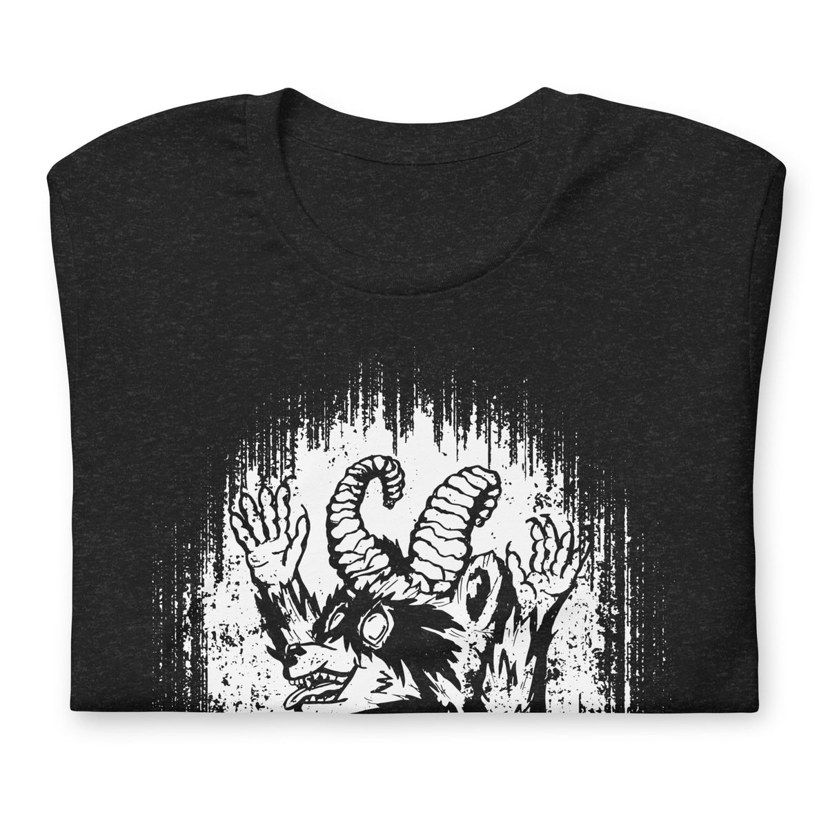 Cornelius Baphomet t-shirt in black heather, folded, close view of the horned raccoon print and the ragged white halo behind it