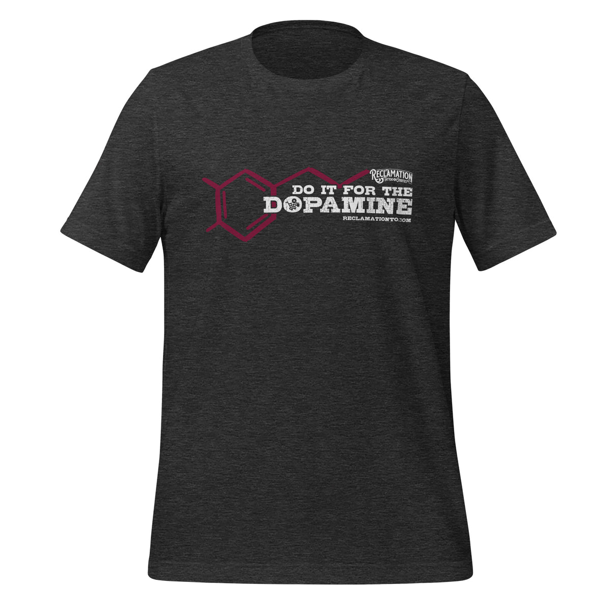 Do It For The Dopamine t-shirt in dark grey heather, front view of the unisex Bella + Canvas 3001 fit